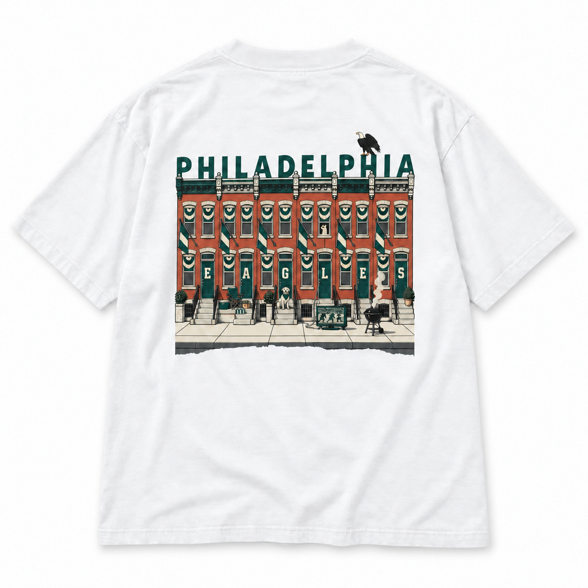 Birds on the Block Tee in white — back view, full back print of illustrated South Philly rowhouses dressed for game day with PHILADELPHIA across the roofline, Philly Drinkers.