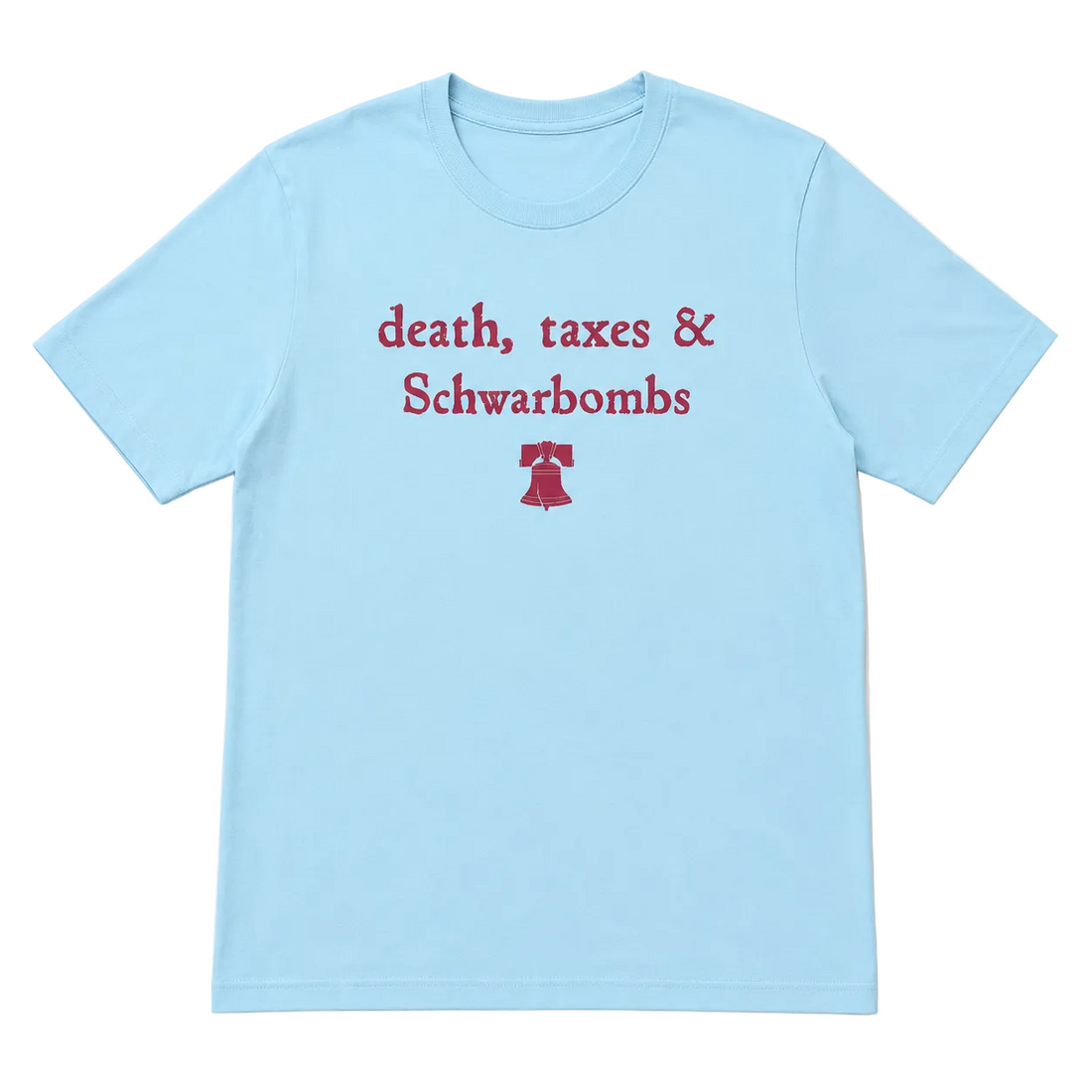 A light blue short-sleeve crewneck t-shirt with the text &