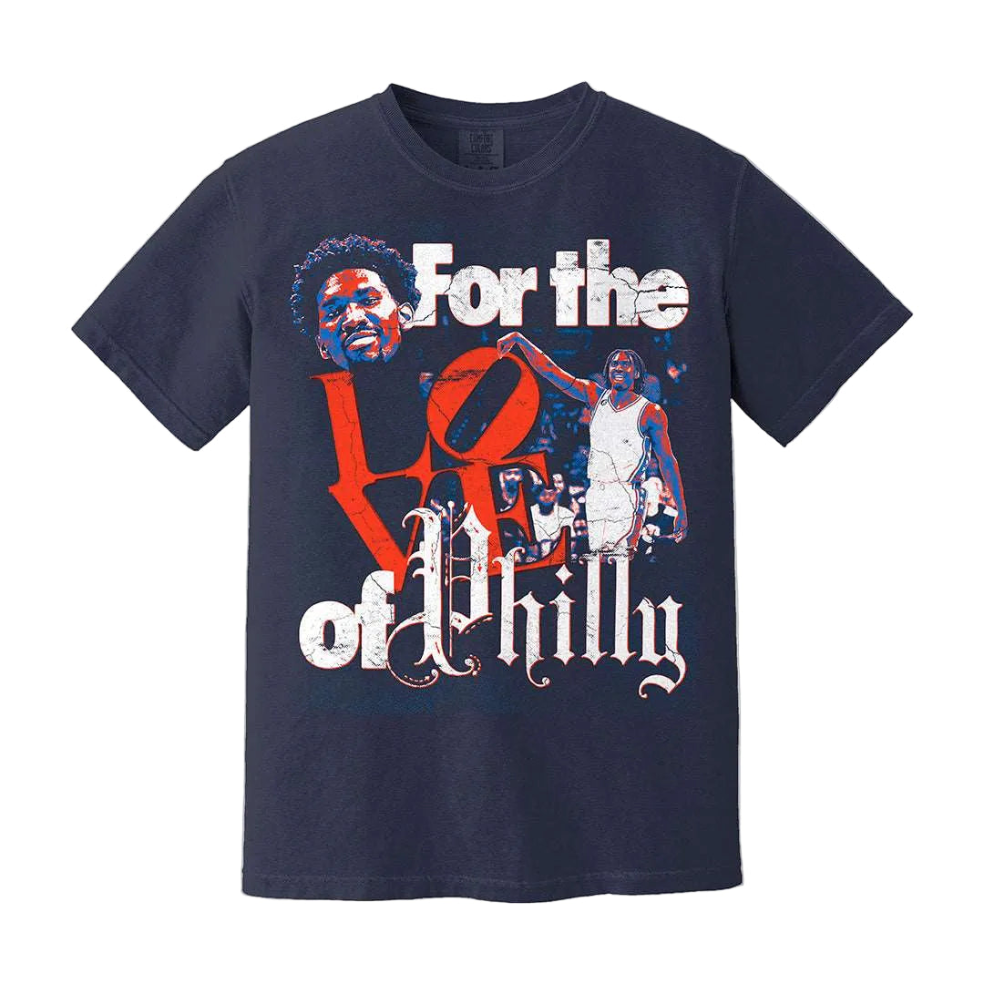 For the Love of Philly tee, front view — Philadelphia shirt" / "Close-up of the For the Love of Philly print" / "For the Love of Philly tee, back view