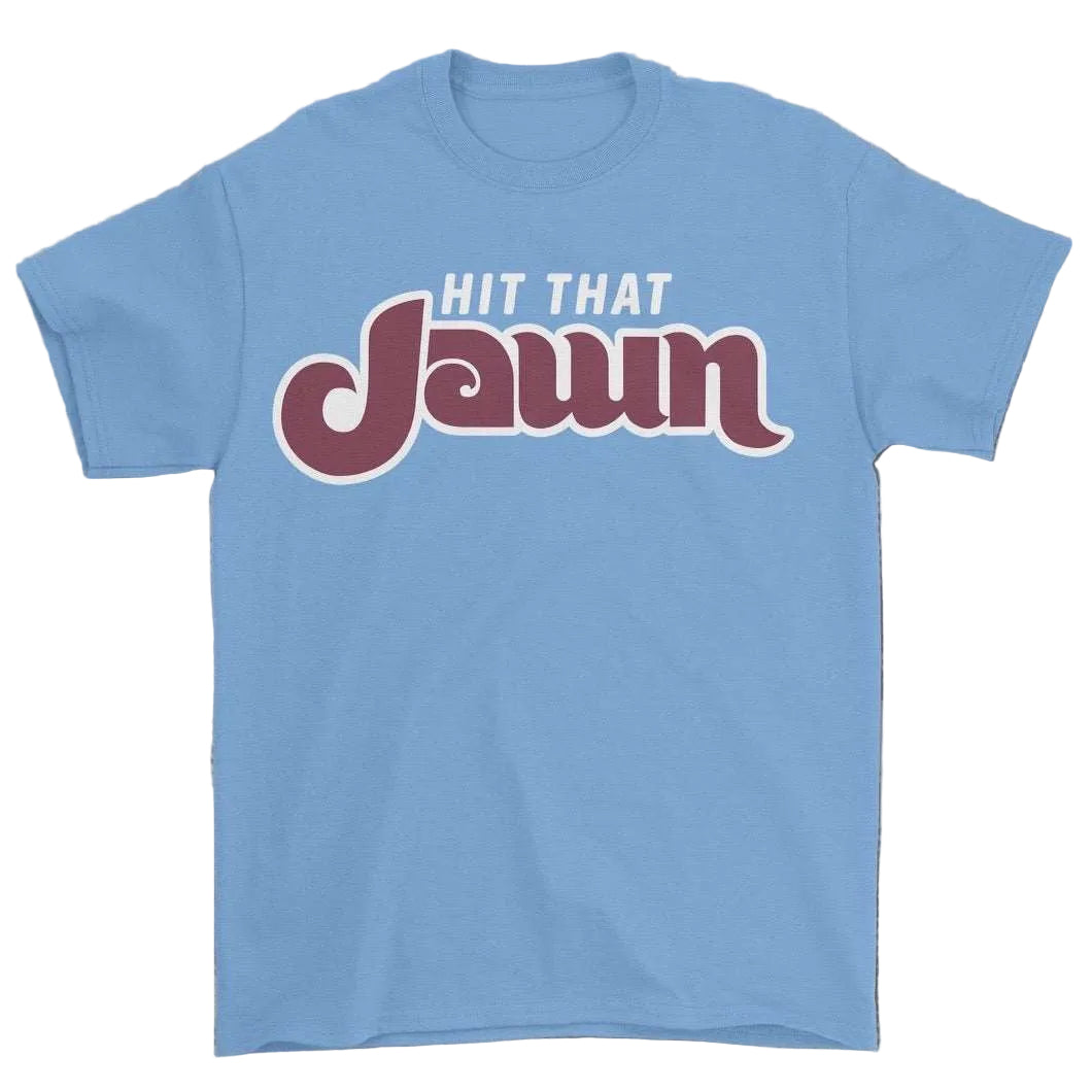 front view, close-up of retro Hit That Jawn printed t-shirt. A powder blue t-shirt with maroon and white print on the front.