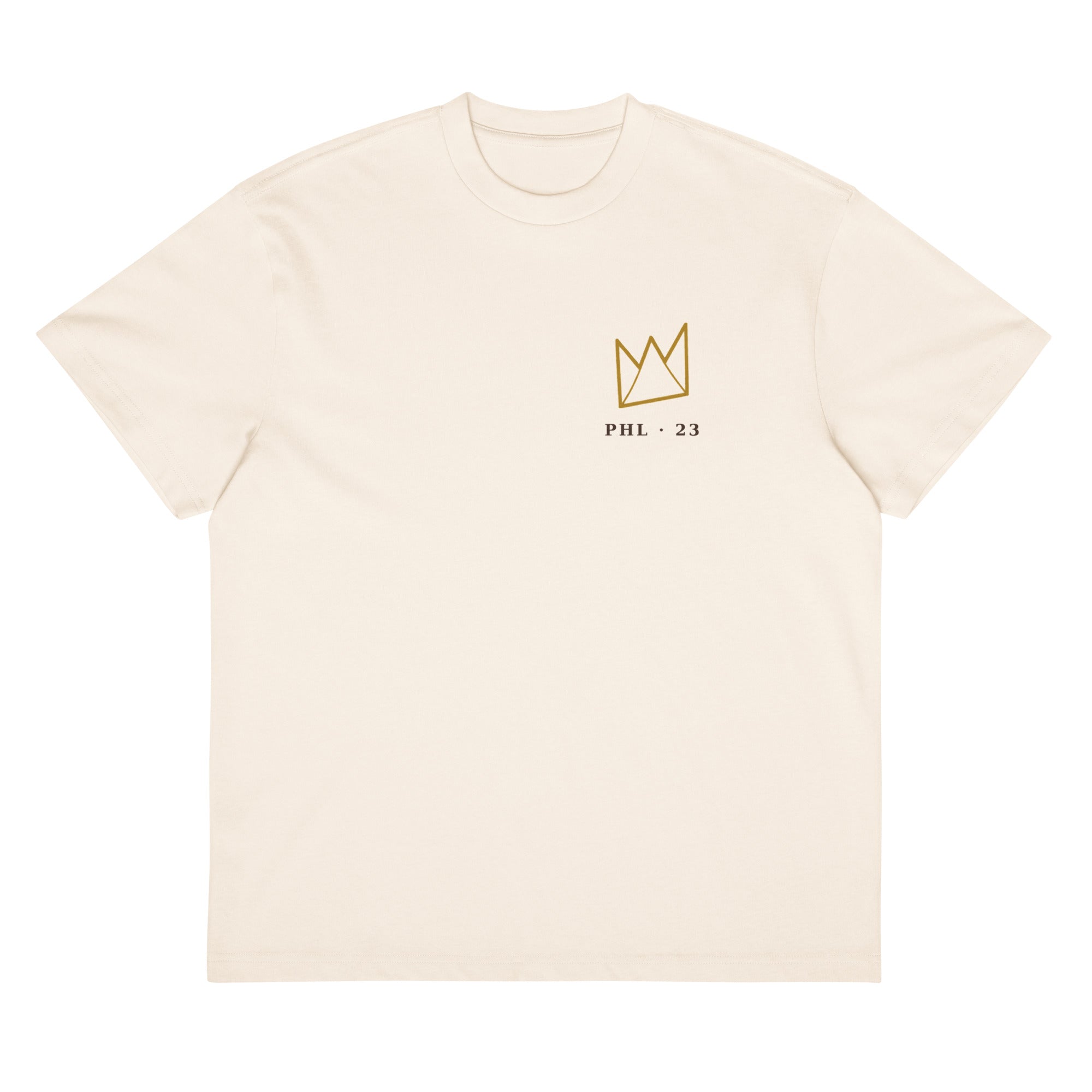King of Philly Tee front in Vintage White— gold crown over PHL 23 left-chest print by Philly Drinkers