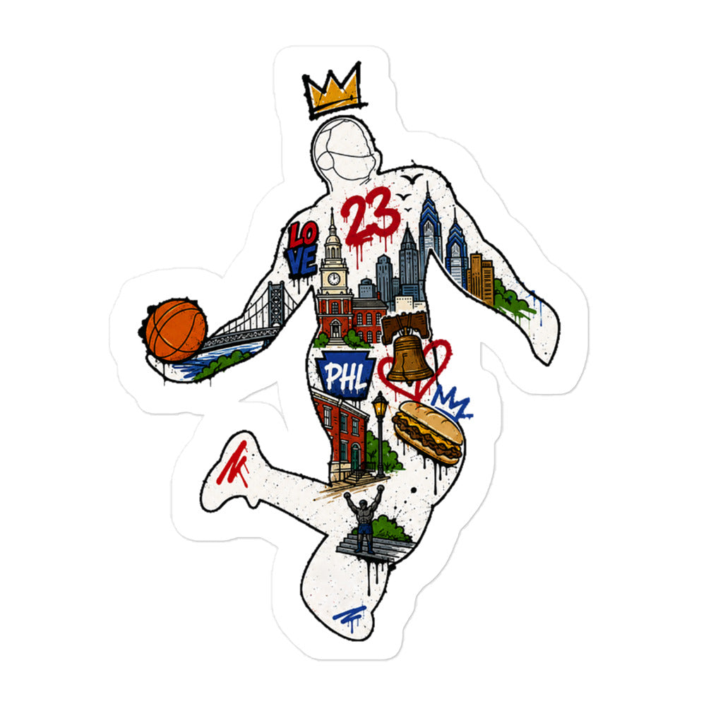 King of Philly die-cut sticker — full-color dunking silhouette filled with Philadelphia landmarks, gold crown, by Philly Drinkers
