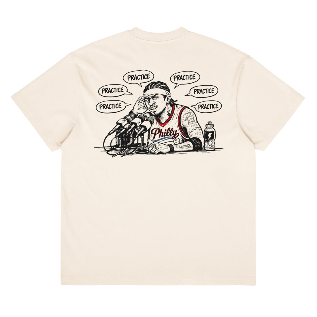 We Talking About Practice tee back print — Philly basketball podium press conference design, natural cream"
