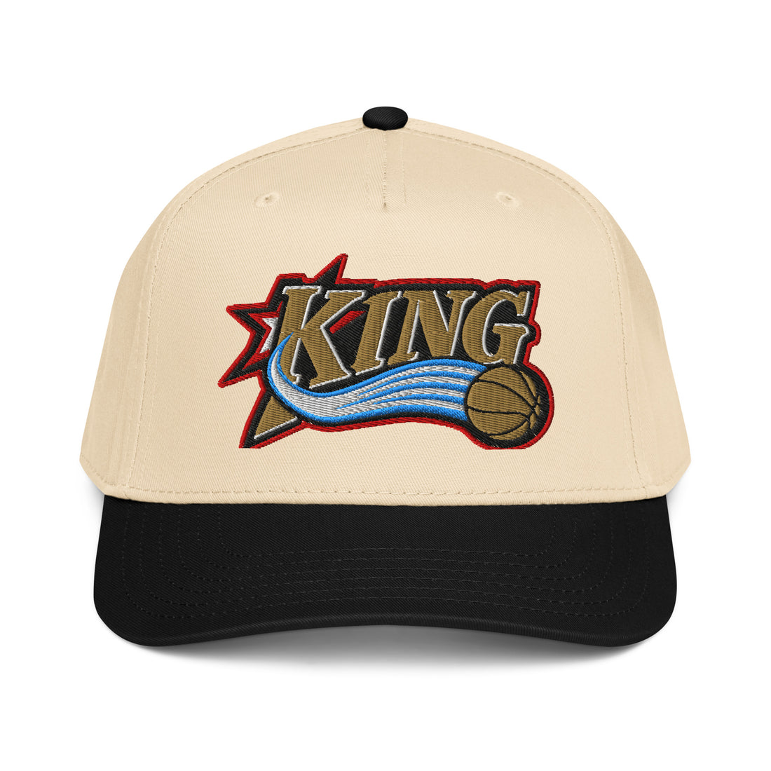 Retro King 5-Panel Cap in Natural and Black — embroidered gold KING logo with star and streaking basketball, LeBron Sixers hat by Philly Drinkers