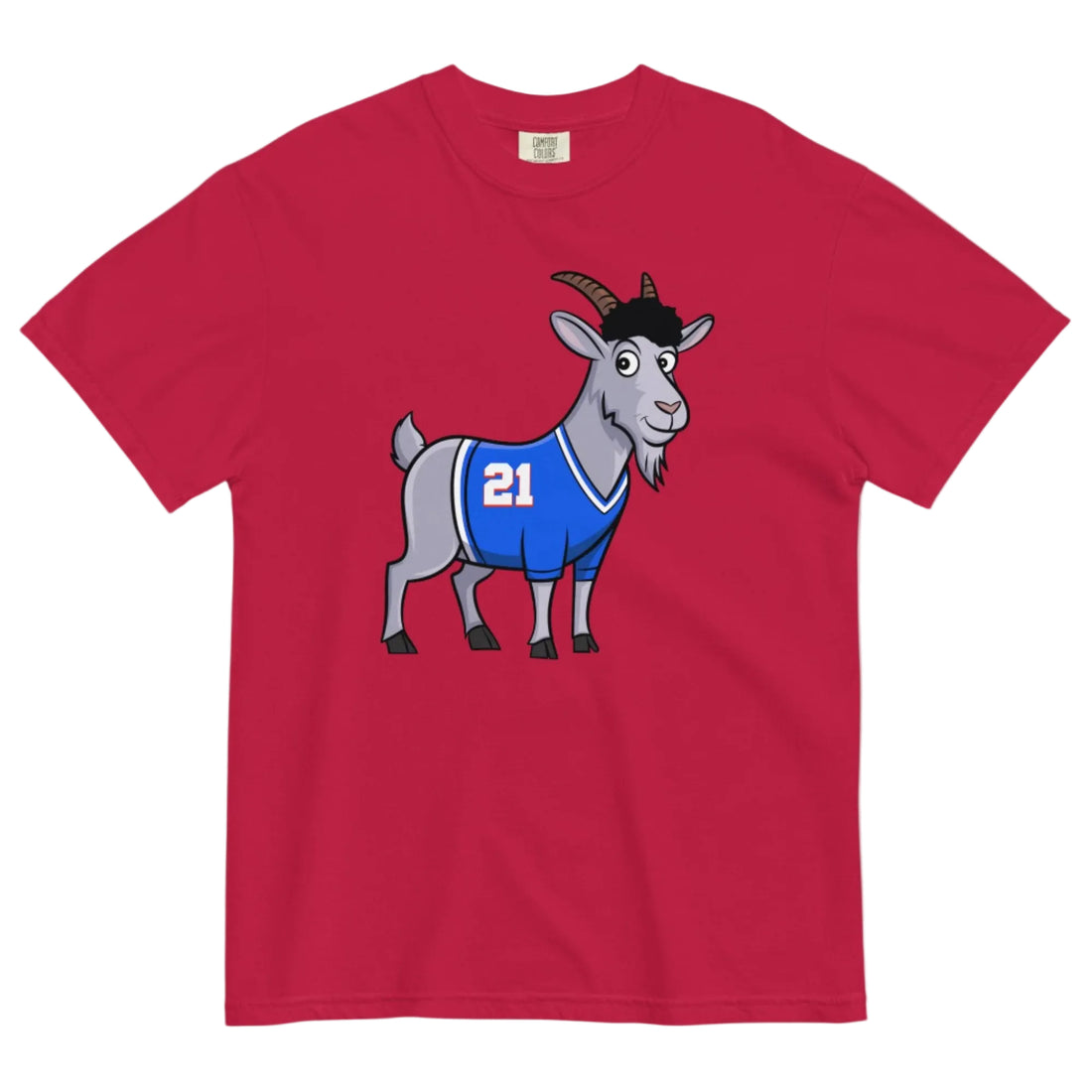 Red t-shirt with a cartoon goat wearing the jersey