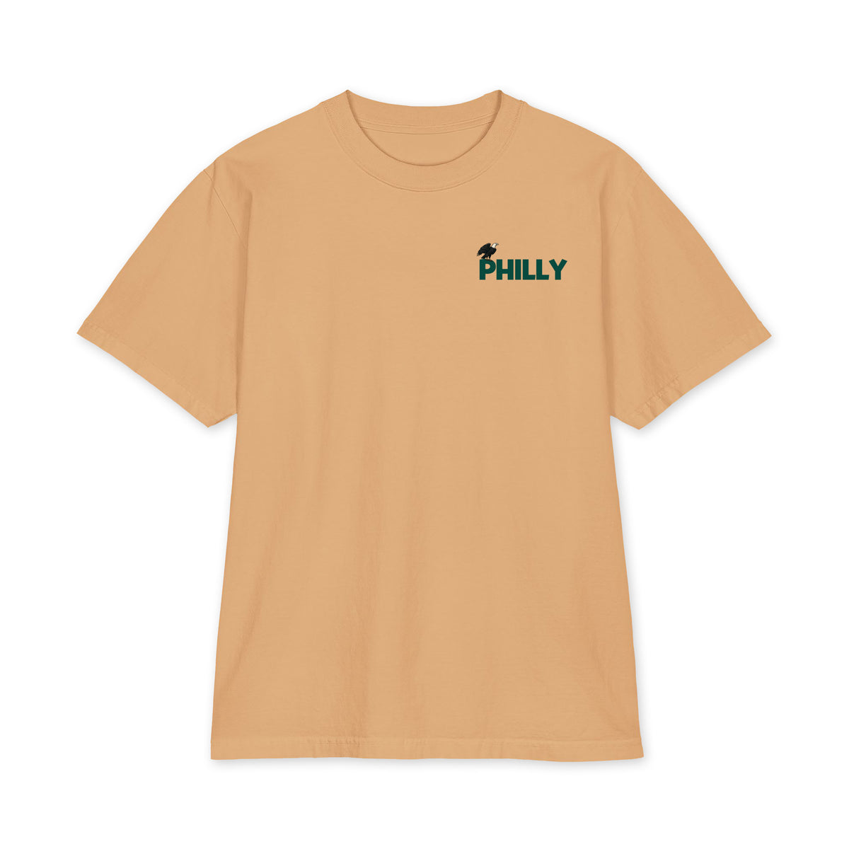 Birds on the Block Tee in sand — front view, full back print of illustrated South Philly rowhouses dressed for game day with PHILADELPHIA across the roofline, Philly Drinkers