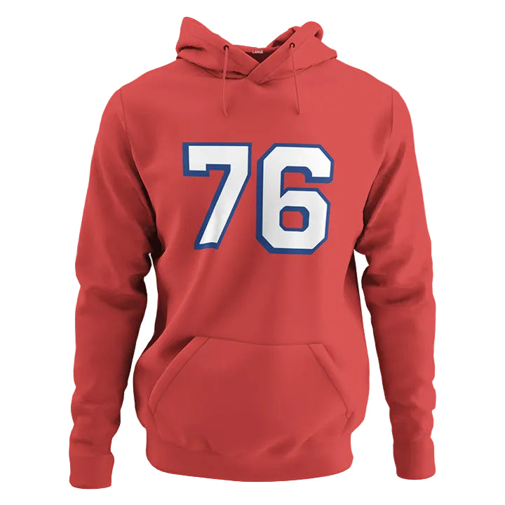 A red hoodie with the number 76 and a small text &