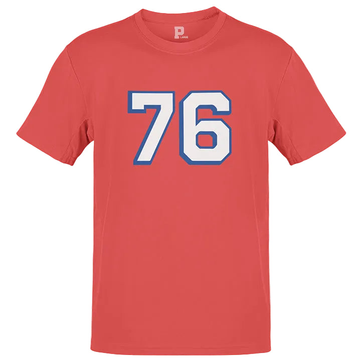 Red crew neck t-shirt with the number 76 printed in blue and white.