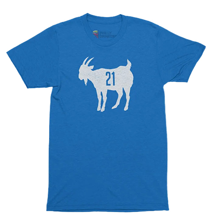 Blue t-shirt with a graphic of a goat and the number 21 on the front.