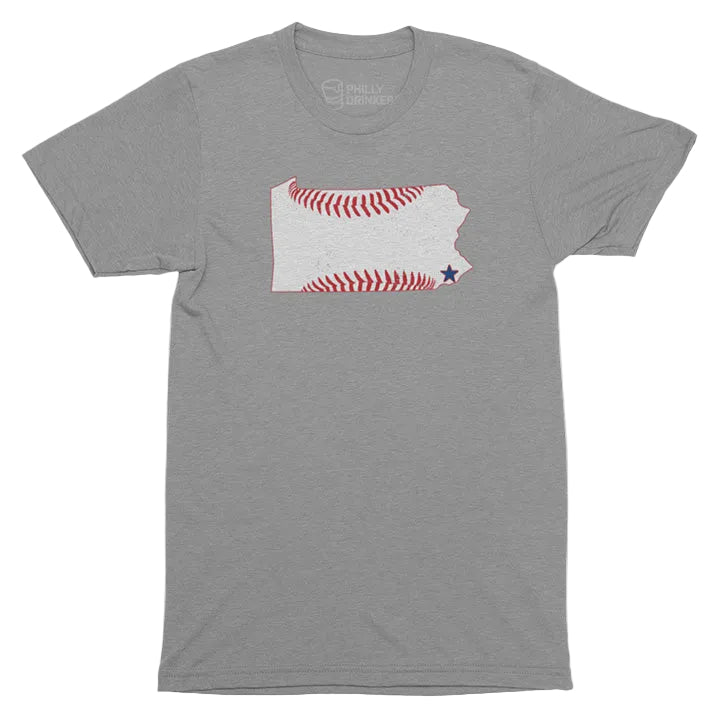 A gray t-shirt with a graphic of a baseball and a representation of the state of Pennsylvania&