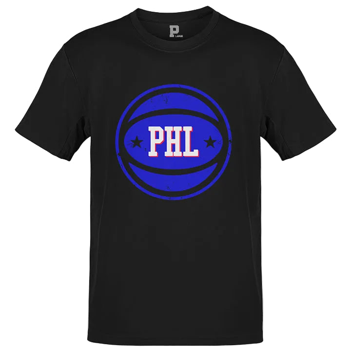 Black t-shirt with a blue and red basketball design and the text &