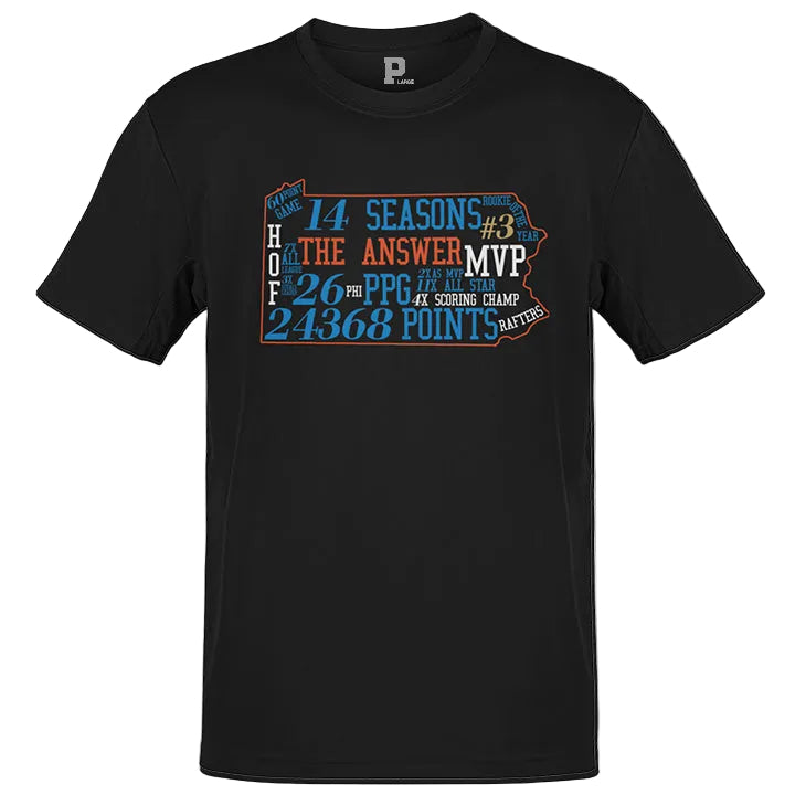 Black t-shirt with text graphic related to basketball player and achievements.