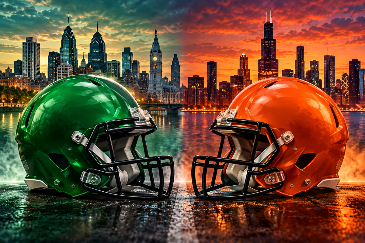 Green Philadelphia football helmet facing off against an orange Chicago football helmet