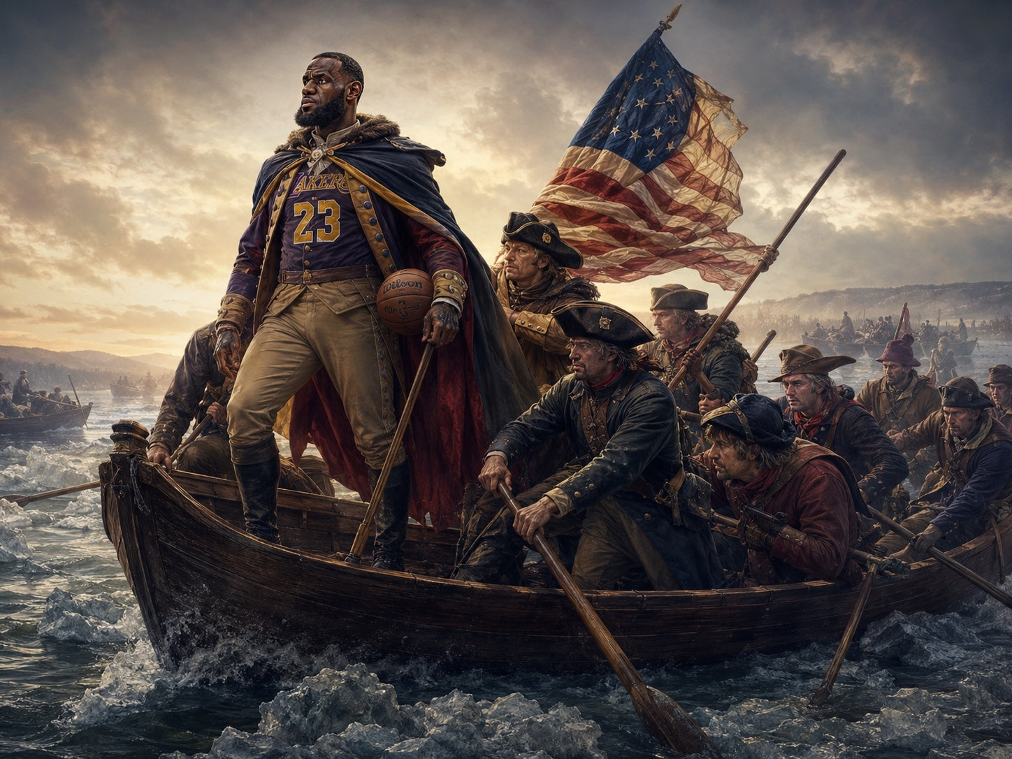 Lebron James on a boat crossing the Delaware River 