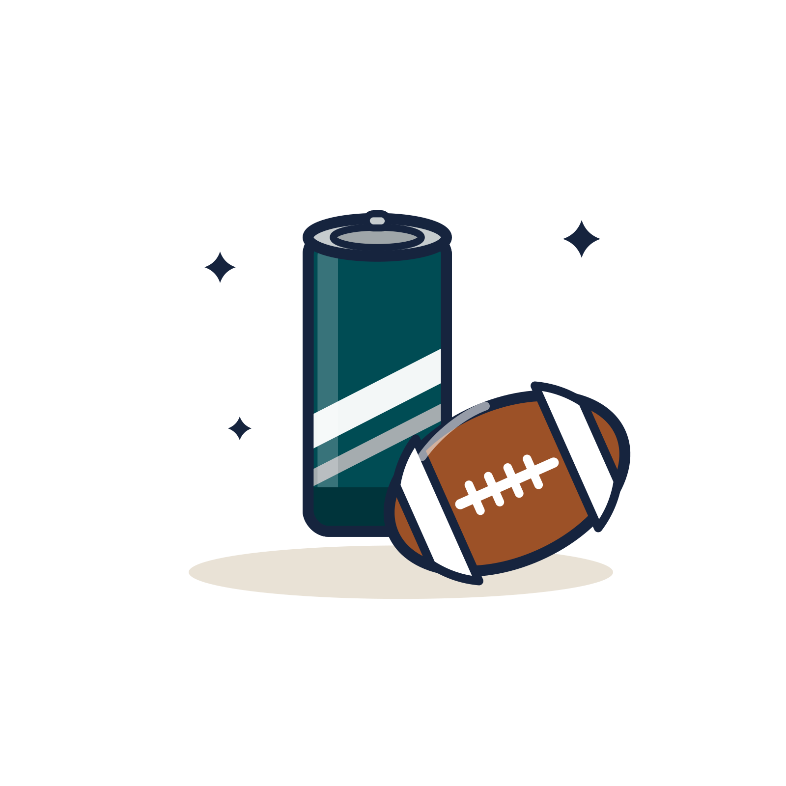 A stylized vector illustration of a dark teal soda can and a brown American football with white stripes, set against a plain white background with small decorative sparkles.