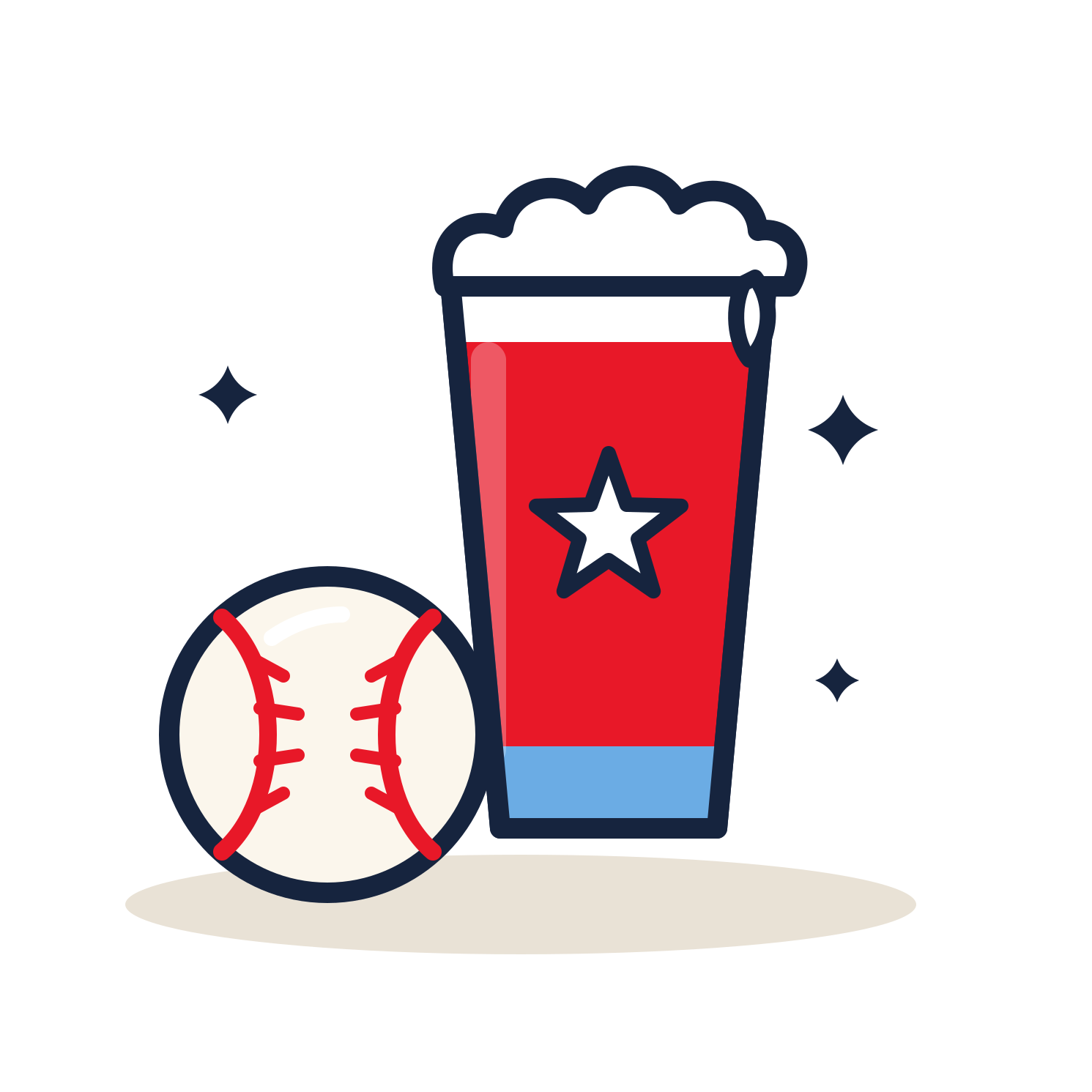 A flat vector illustration of a baseball and a tall drink glass with red, white, and blue colors, resembling the Texas state flag, on a white background.