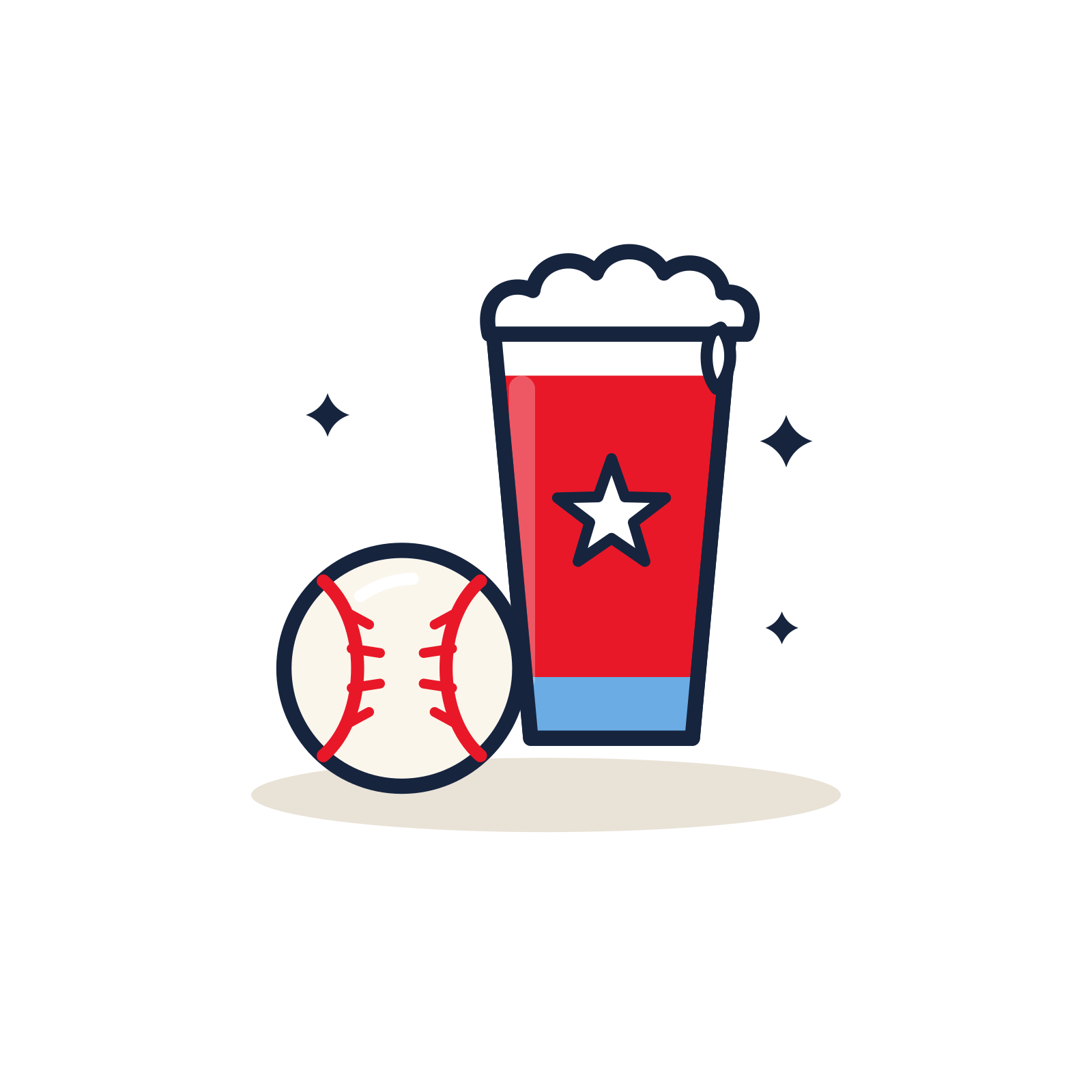 A flat vector illustration of a baseball and a tall drink with a red, white, and blue design, set against a plain white background.