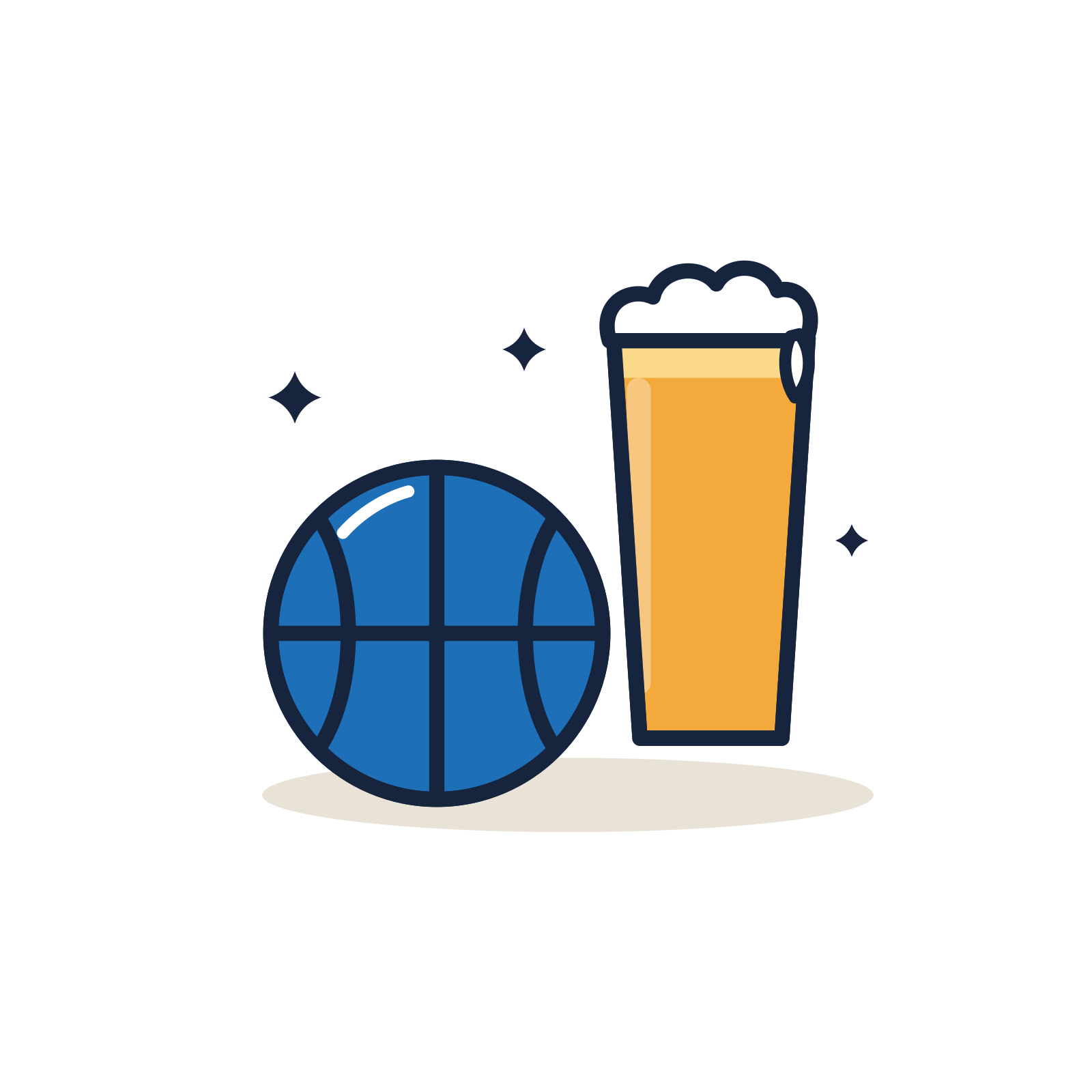 A flat vector illustration of a blue basketball and a tall glass of orange beer with white foam, set against a plain white background with small decorative sparkles.