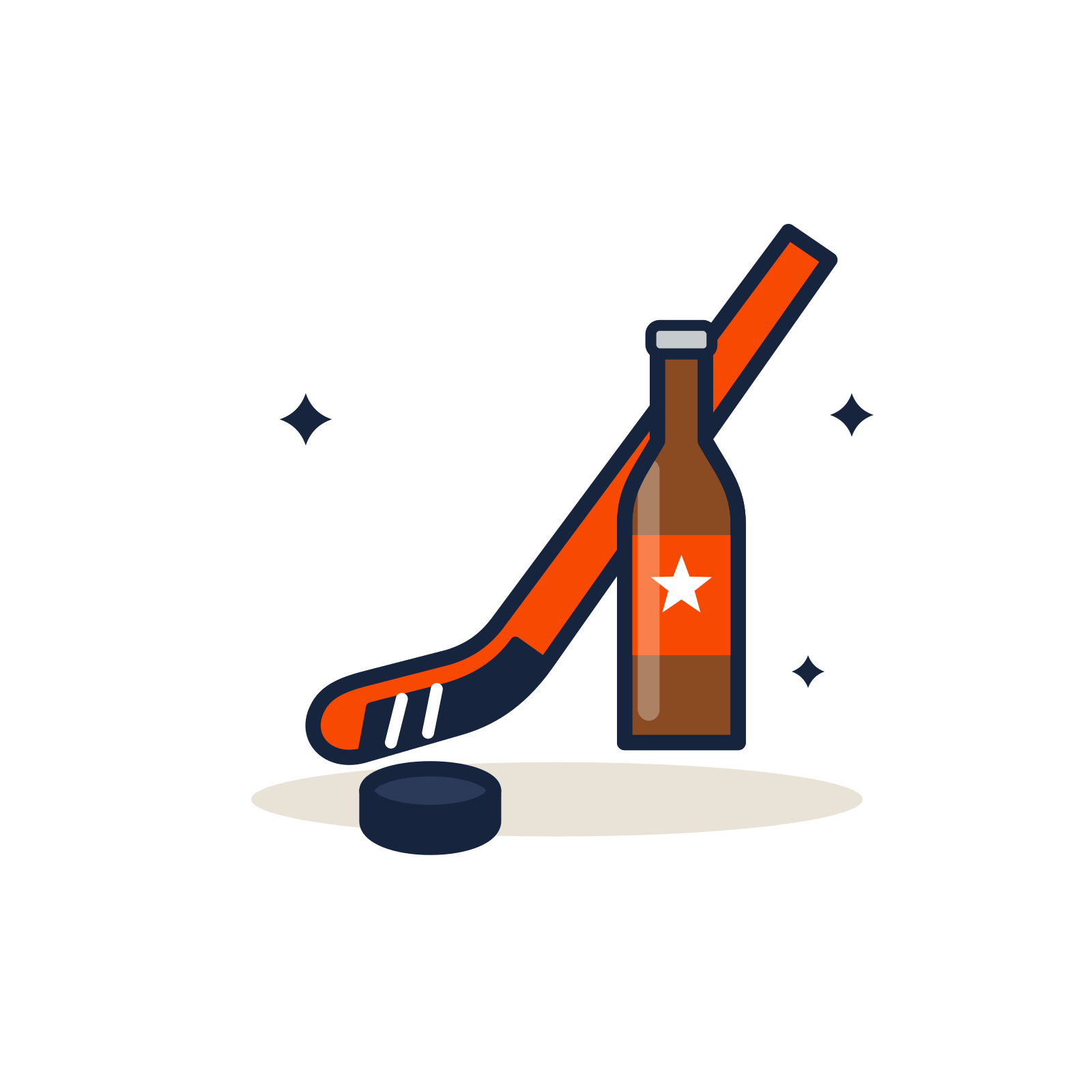 Flat vector illustration of a brown beer bottle with an orange label and white star, crossed with an orange hockey stick, next to a black hockey puck, on a white background with small star accents.