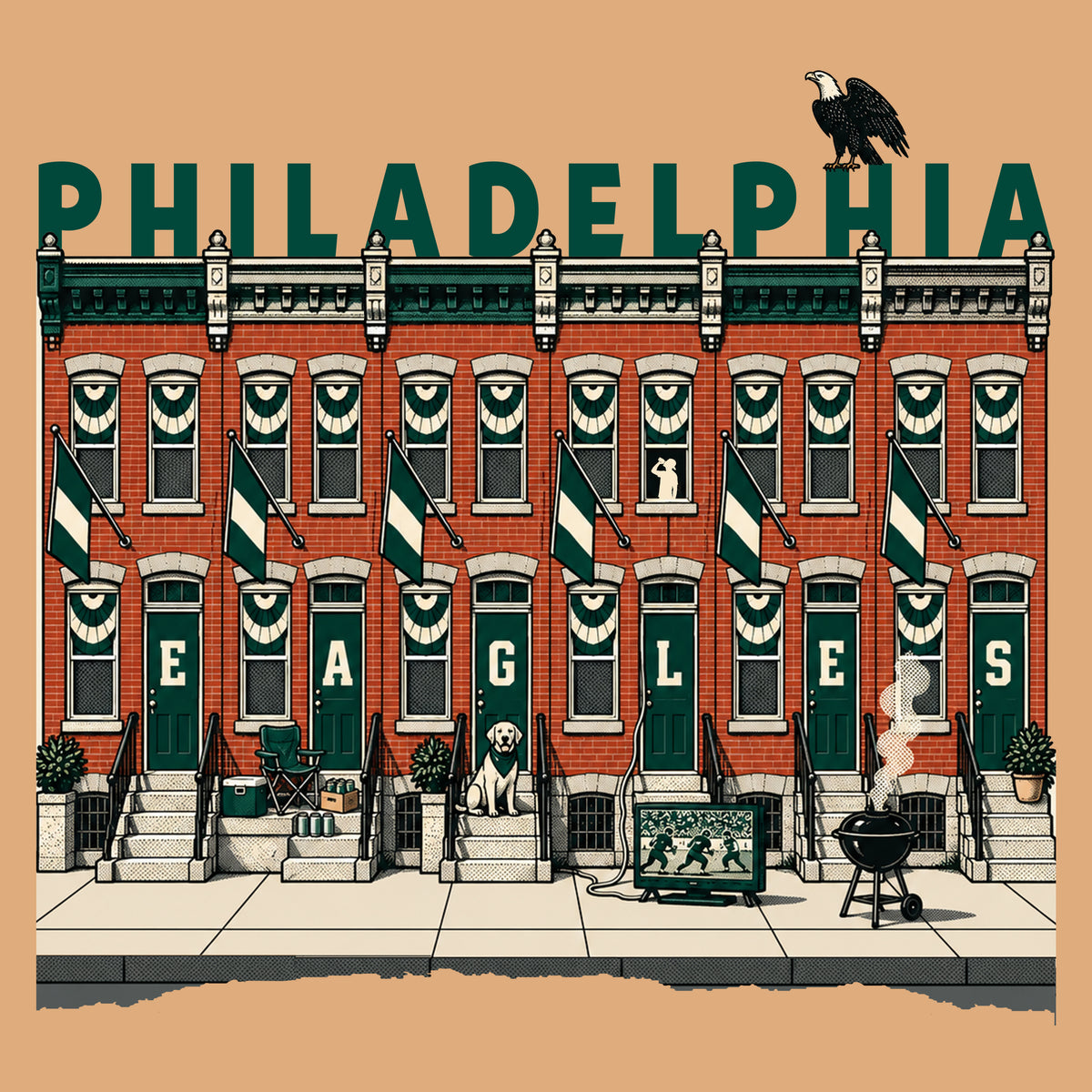 Birds on the Block design in sand — back view, full back print of illustrated South Philly rowhouses dressed for game day with PHILADELPHIA across the roofline, Philly Drinkers