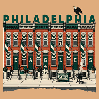 Birds on the Block design in sand — back view, full back print of illustrated South Philly rowhouses dressed for game day with PHILADELPHIA across the roofline, Philly Drinkers