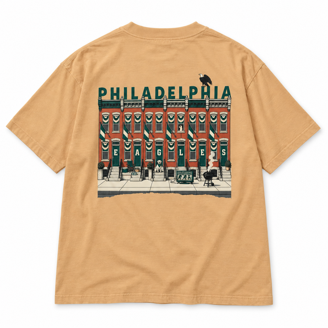 Birds on the Block Tee in sand — back view, full back print of illustrated South Philly rowhouses dressed for game day with PHILADELPHIA across the roofline, Philly Drinkers