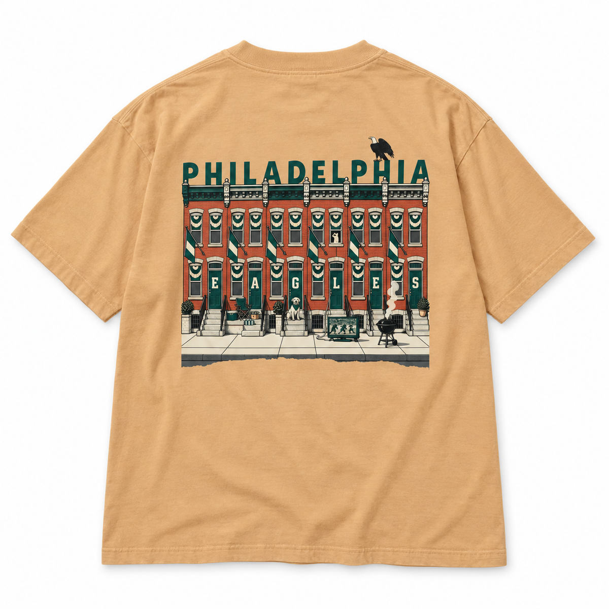 Birds on the Block Tee in sand — back view, full back print of illustrated South Philly rowhouses dressed for game day with PHILADELPHIA across the roofline, Philly Drinkers