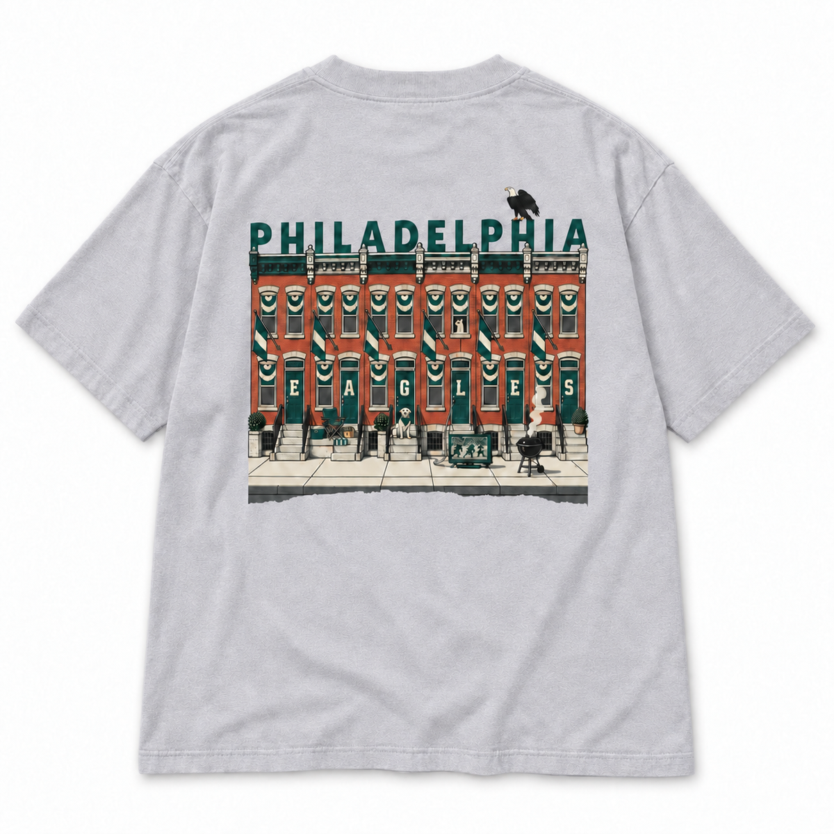 Birds on the Block Tee in gray — back view, full back print of illustrated South Philly rowhouses dressed for game day with PHILADELPHIA across the roofline, Philly Drinkers. 