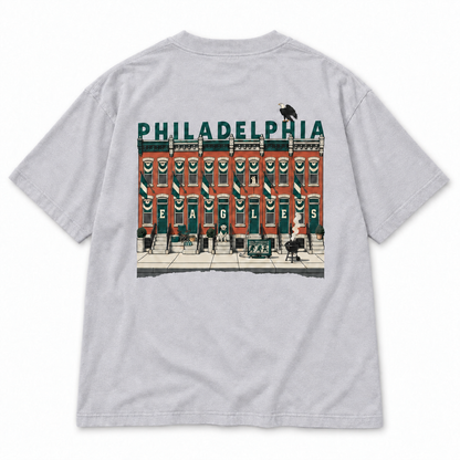 Birds on the Block Tee in gray — back view, full back print of illustrated South Philly rowhouses dressed for game day with PHILADELPHIA across the roofline, Philly Drinkers. 