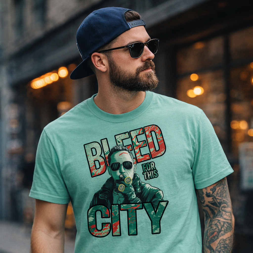 Man wearing a green t-shirt with &