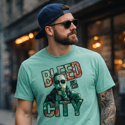 Man wearing a green t-shirt with &