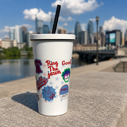A white insulated tumbler with a black straw sits on a stone ledge outdoors, featuring Philadelphia Phillies-themed graphics including the team name, a Phillies logo, and a cartoon character. The Philadelphia skyline is visible in the blurred background.