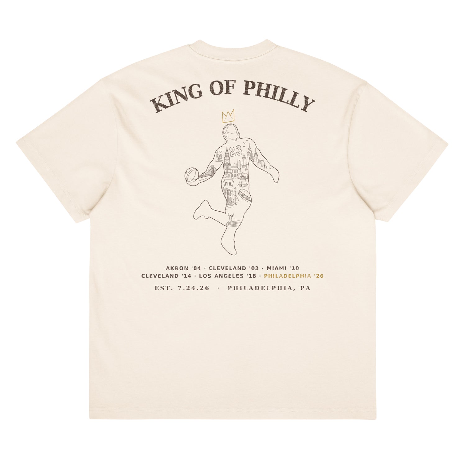 King of Philly Tee in Vintage White — back print with dunking silhouette filled with Philadelphia landmarks, gold crown, career tour dates, by Philly Drinkers
