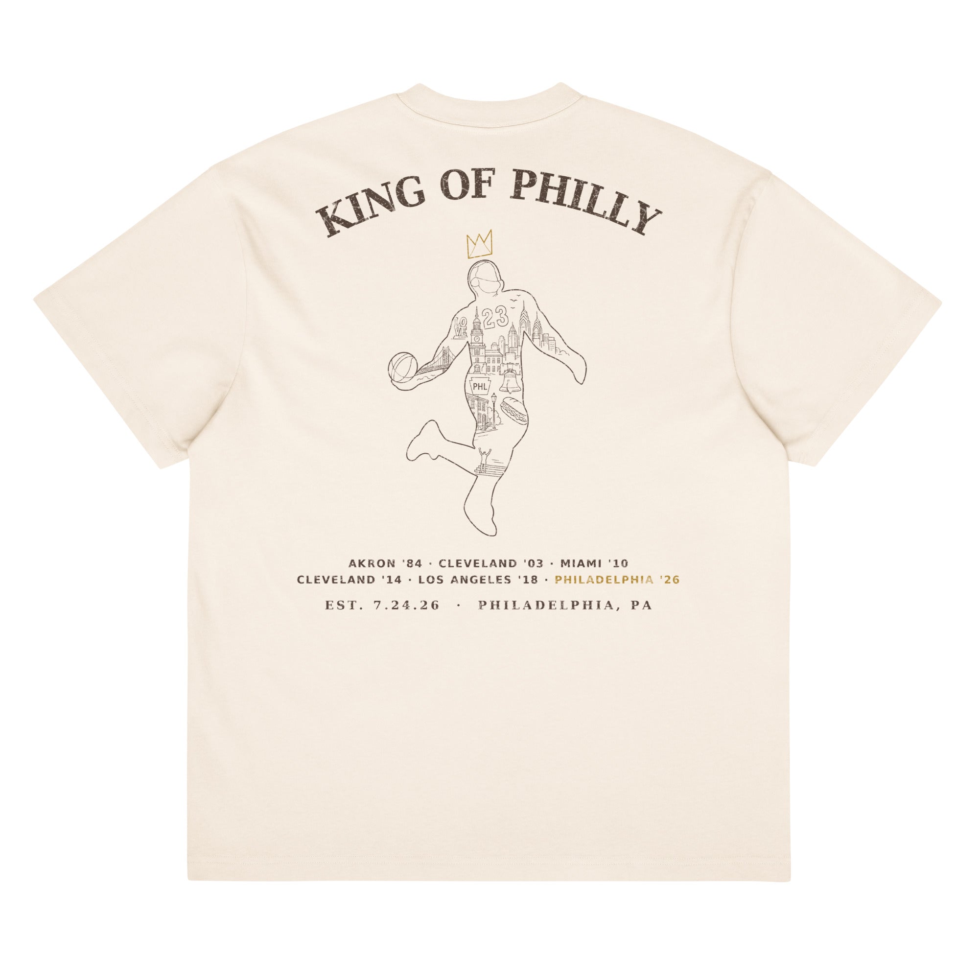 King of Philly Tee in Vintage White — back print with dunking silhouette filled with Philadelphia landmarks, gold crown, career tour dates, by Philly Drinkers
