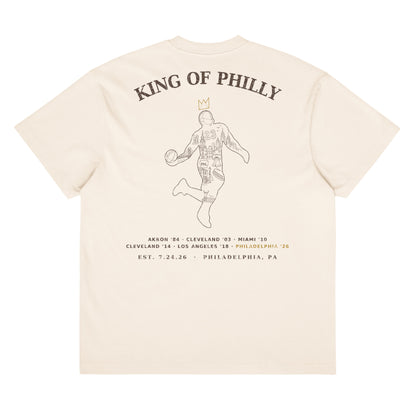 King of Philly Tee in Vintage White — back print with dunking silhouette filled with Philadelphia landmarks, gold crown, career tour dates, by Philly Drinkers