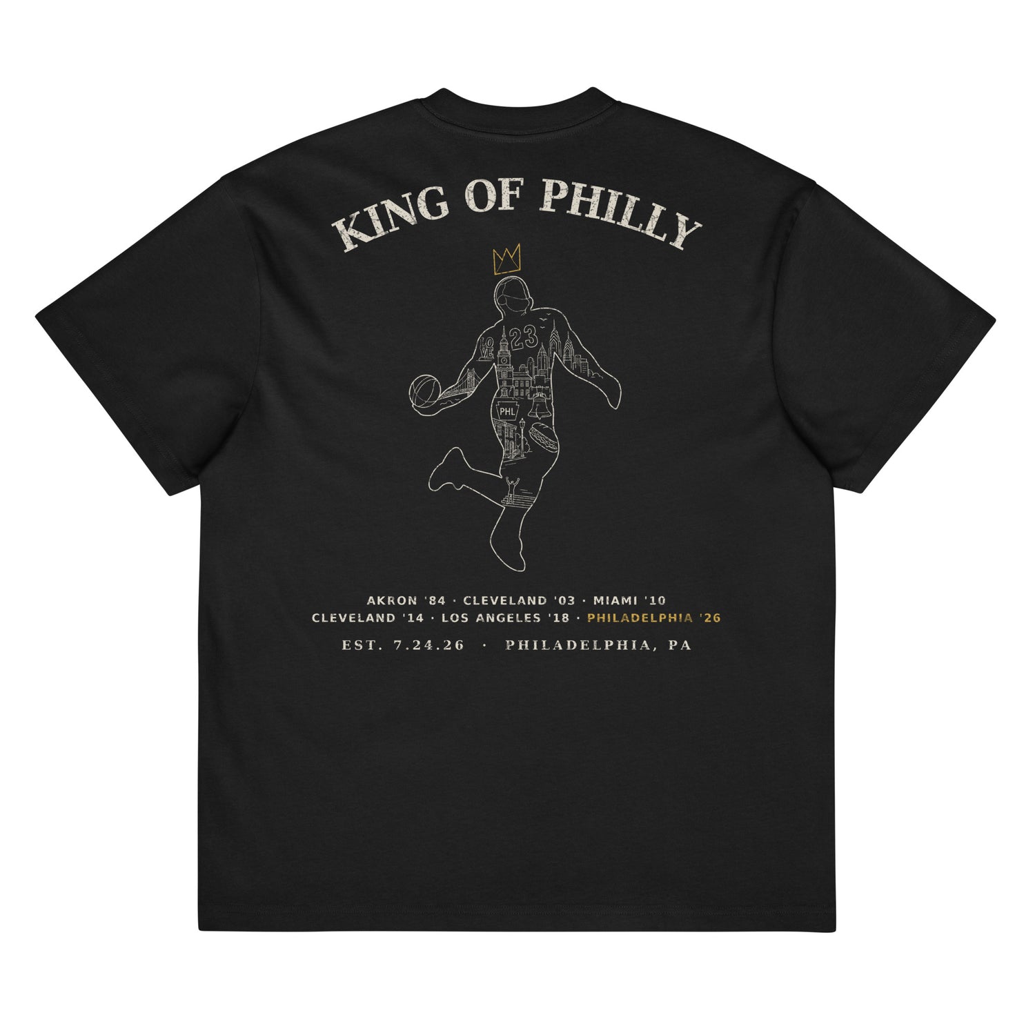 King of Philly Tee in Vintage Black — cream and gold vintage back print, Philly landmarks inside dunking silhouette, by Philly Drinkers