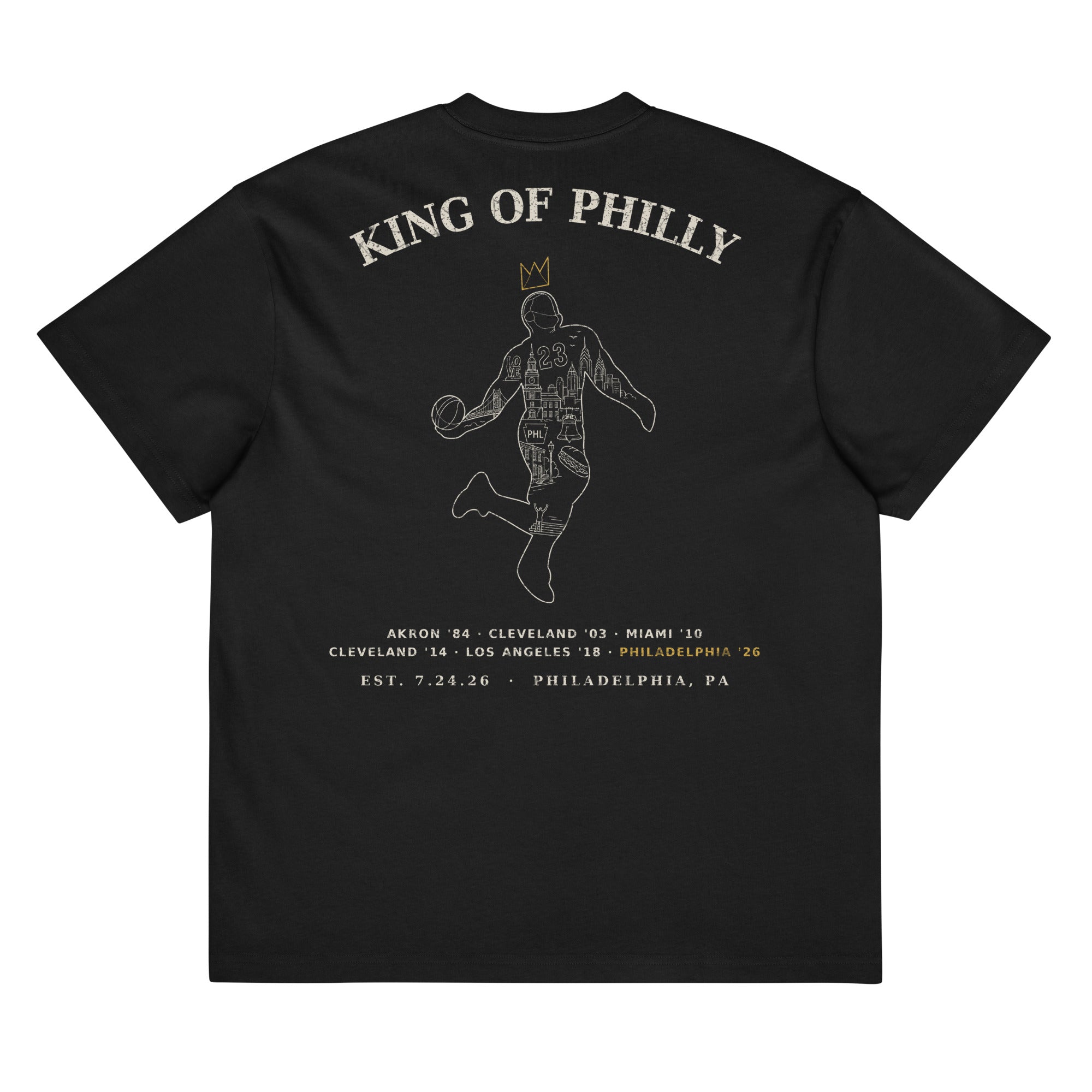 King of Philly Tee in Vintage Black — cream and gold vintage back print, Philly landmarks inside dunking silhouette, by Philly Drinkers