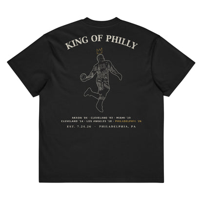 King of Philly Tee in Vintage Black — cream and gold vintage back print, Philly landmarks inside dunking silhouette, by Philly Drinkers