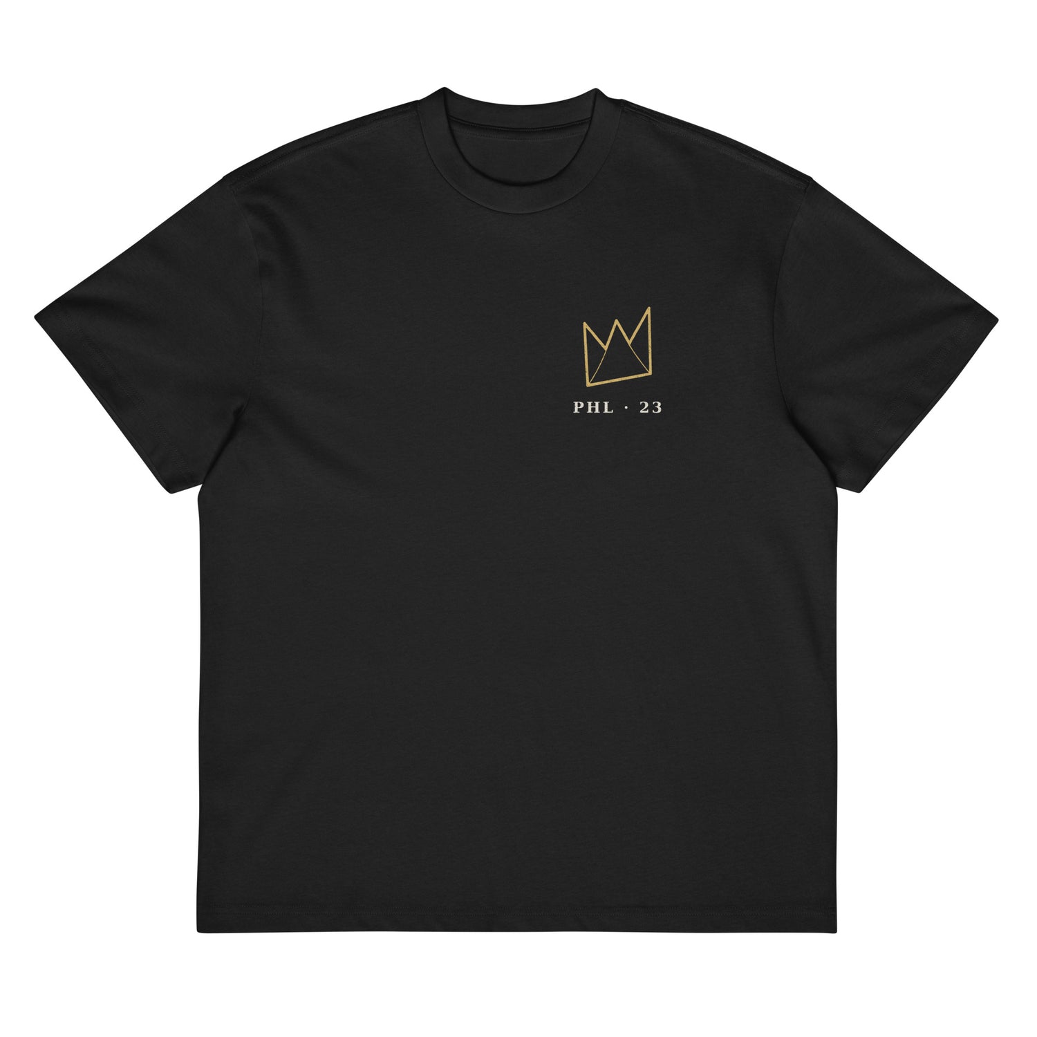 King of Philly Tee front in Vintage Black — gold crown over PHL 23 left-chest print by Philly Drinkers