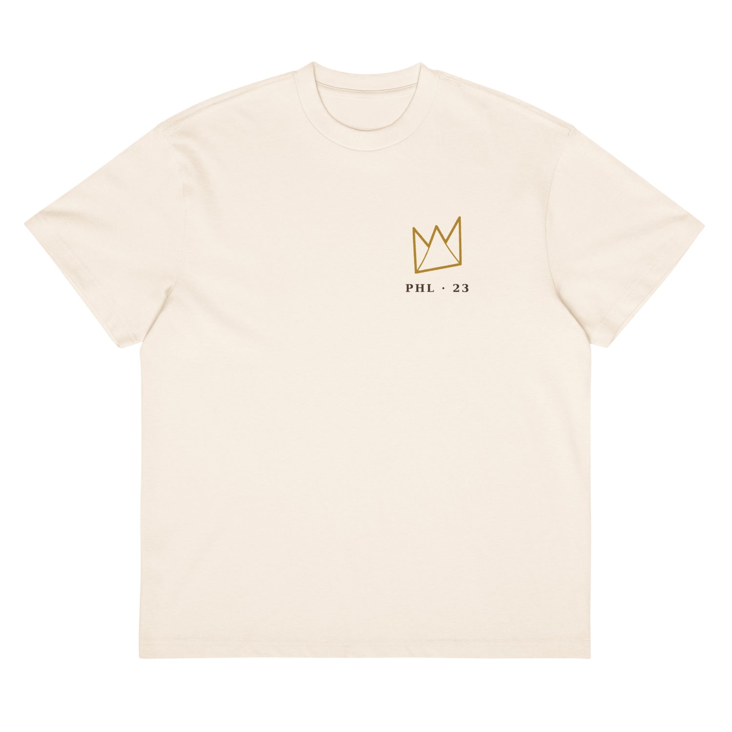King of Philly Tee front in Vintage White— gold crown over PHL 23 left-chest print by Philly Drinkers