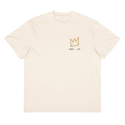 King of Philly Tee front in Vintage White— gold crown over PHL 23 left-chest print by Philly Drinkers