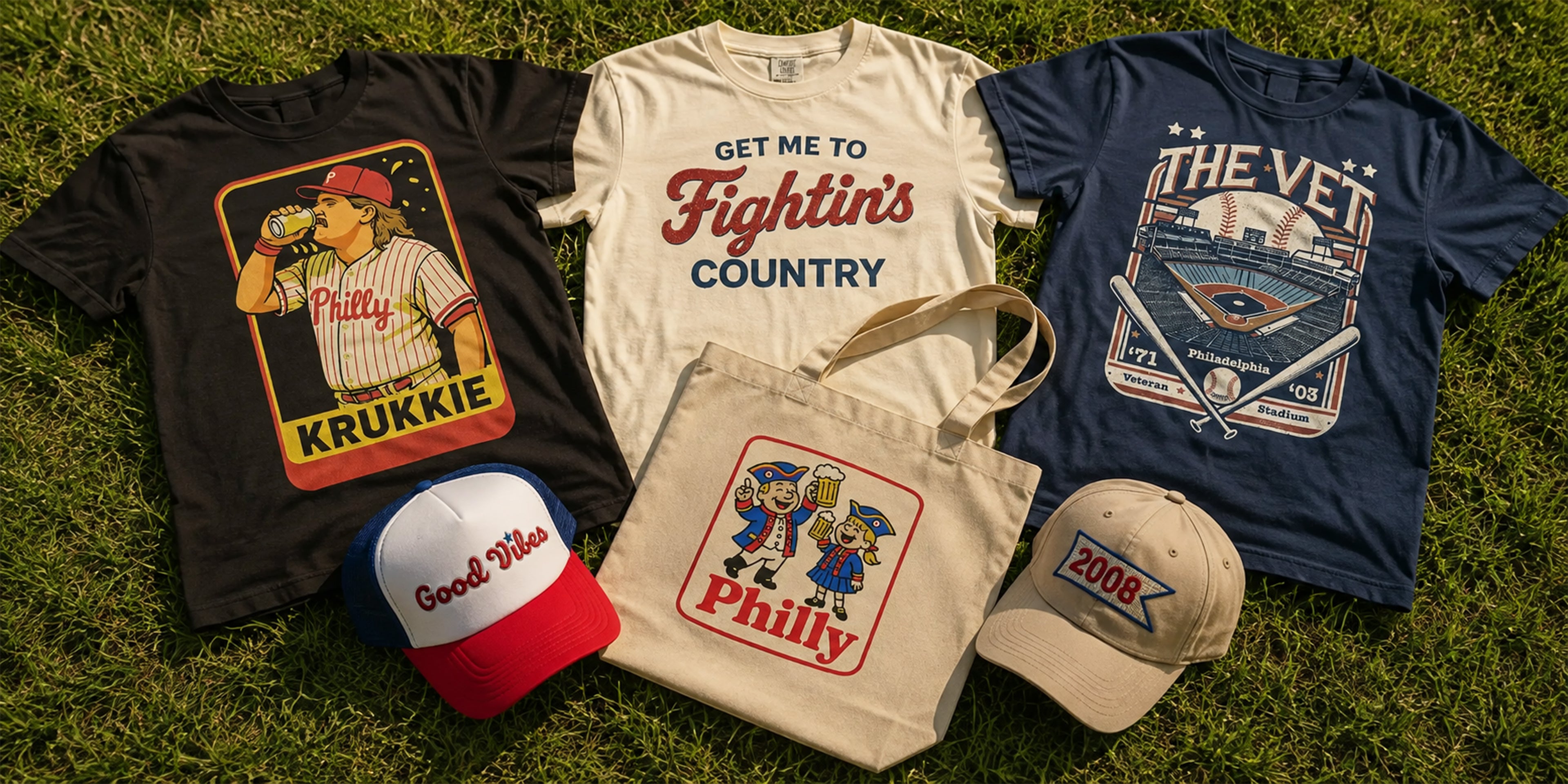 A flat lay of custom Philadelphia sports merchandise on green grass, including a black graphic t-shirt, a cream graphic t-shirt, a navy blue graphic t-shirt, a canvas tote bag, a baseball cap, and a red and white baseball cap.