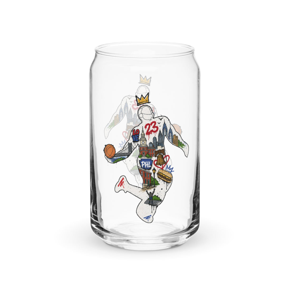 A clear glass can-shaped drinking tumbler featuring a stylized graphic of a basketball player in a white Philadelphia 76ers jersey with the number 25, holding a basketball and wearing a crown.