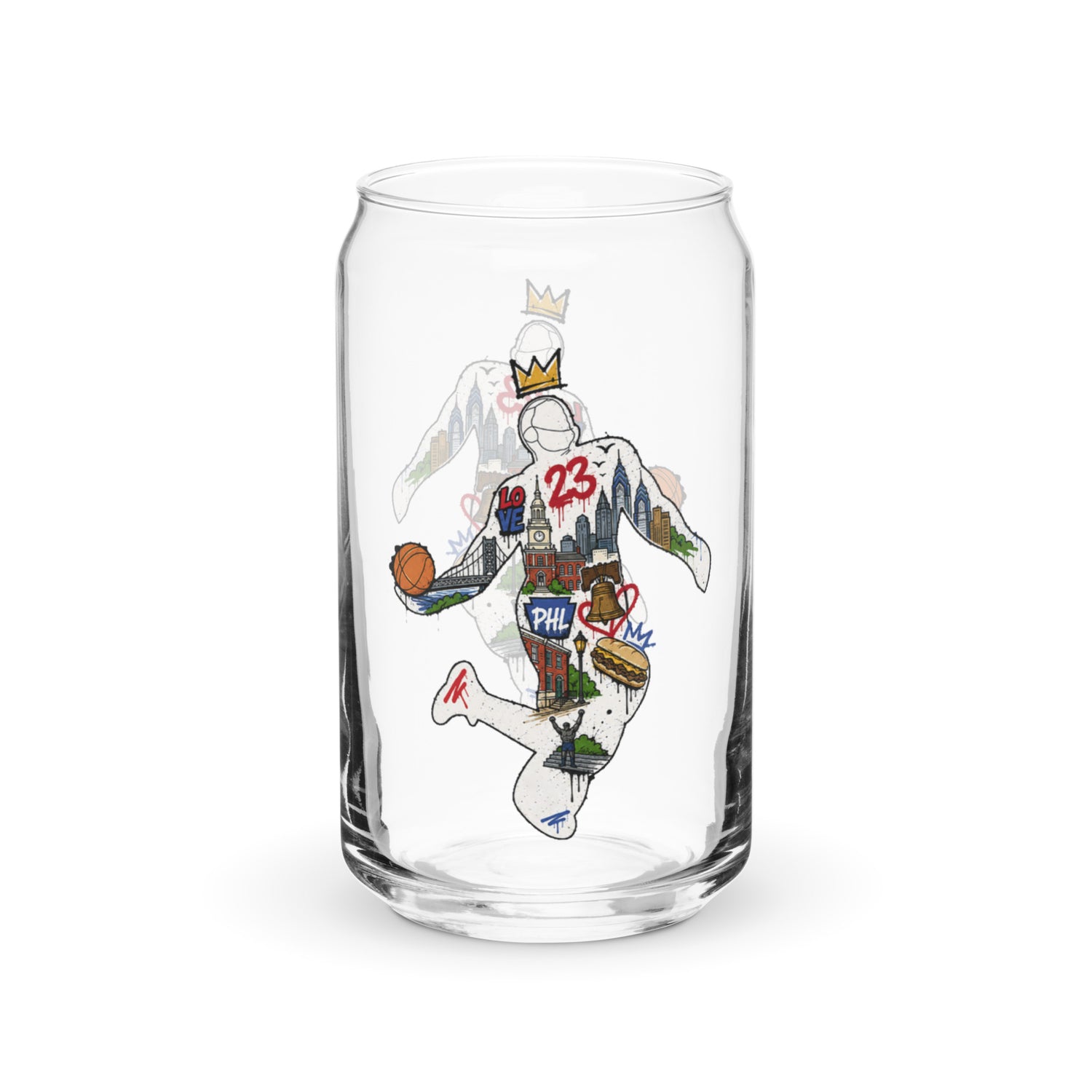 A clear glass can-shaped drinking tumbler featuring a stylized graphic of a basketball player in a white Philadelphia 76ers jersey with the number 25, holding a basketball and wearing a crown.