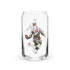 A clear glass can-shaped drinking tumbler featuring a stylized graphic of a basketball player in a white Philadelphia 76ers jersey with the number 25, holding a basketball and wearing a crown.