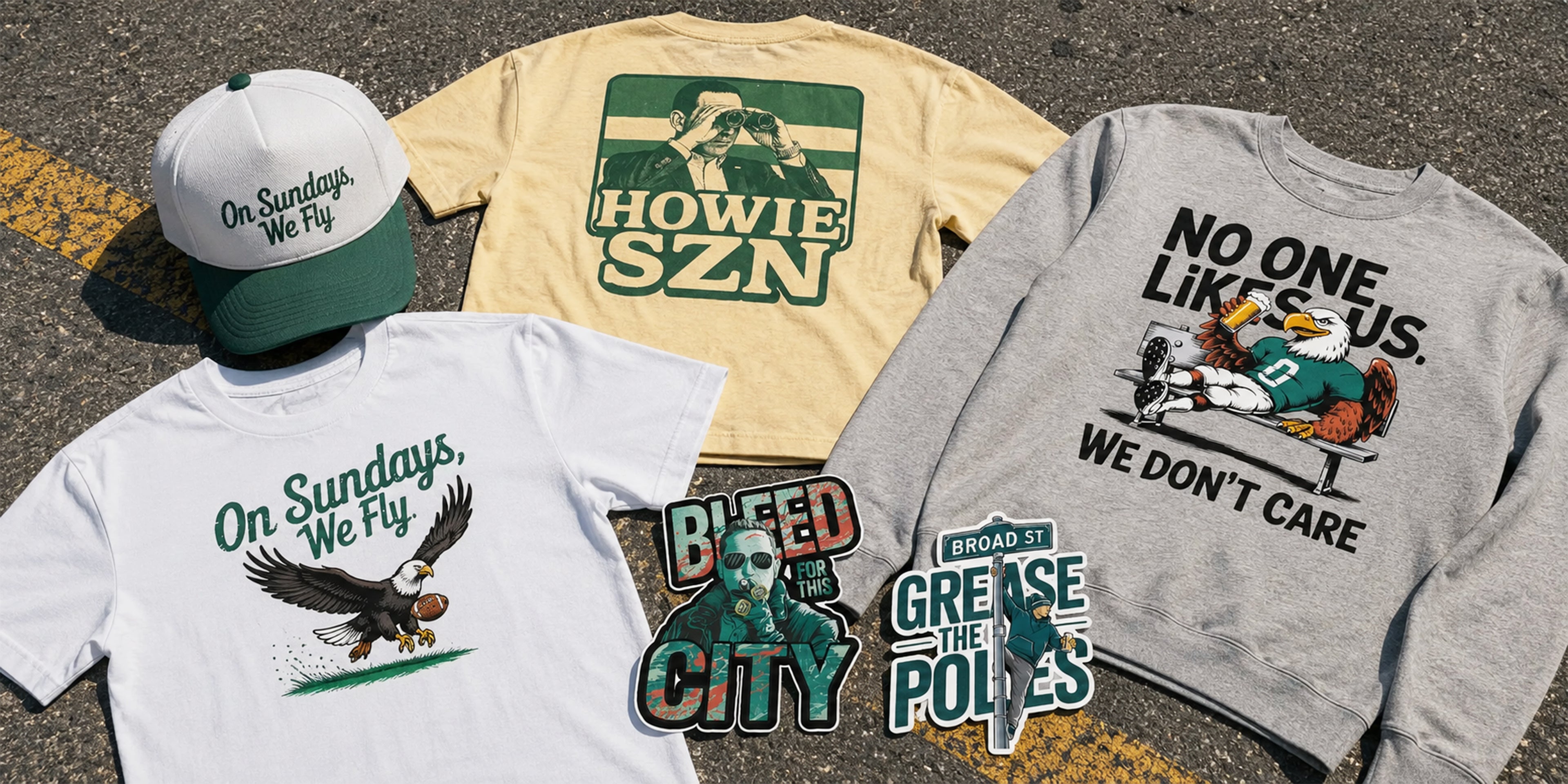 Four apparel items and two stickers are arranged on asphalt: a white T-shirt with green 'On Sundays, We Fly' text and eagle graphic, a beige T-shirt with green 'HOWIE SZN' text and a dog graphic, a gray long-sleeve shirt with black text and football player graphic, a white cap with green 'On Sundays, We Fly' text, and two die-cut stickers. 