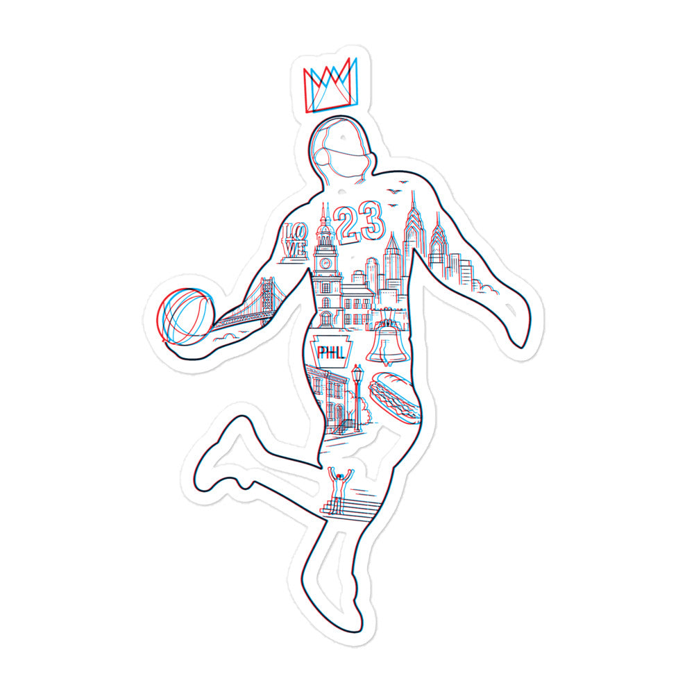 King of Philly 3D sticker — red and cyan double vision dunking silhouette filled with Philadelphia landmarks, anaglyph effect, by Philly Drinkers