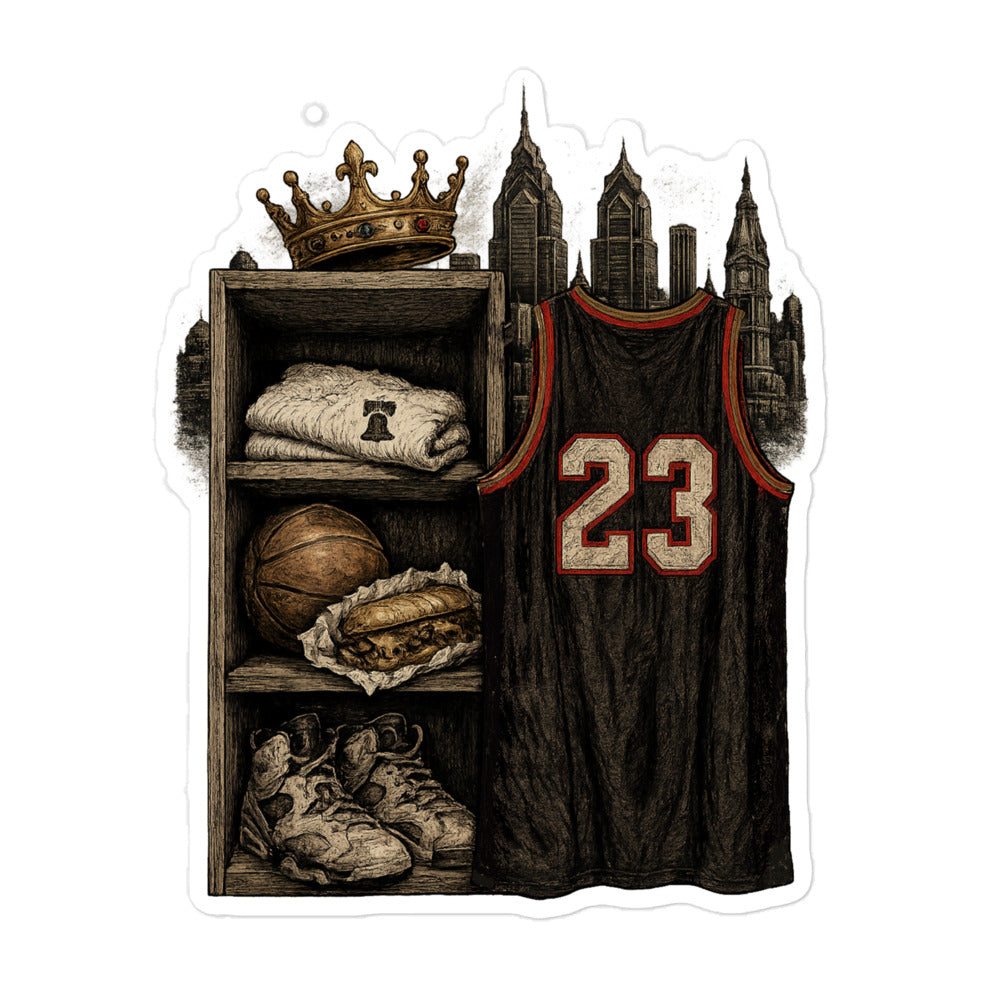 A die-cut sticker featuring a basketball jersey with the number 23 hanging next to a wooden shelf filled with folded clothes, a basketball, a sandwich, and sneakers, with a crown and dark cityscape silhouettes in the background.