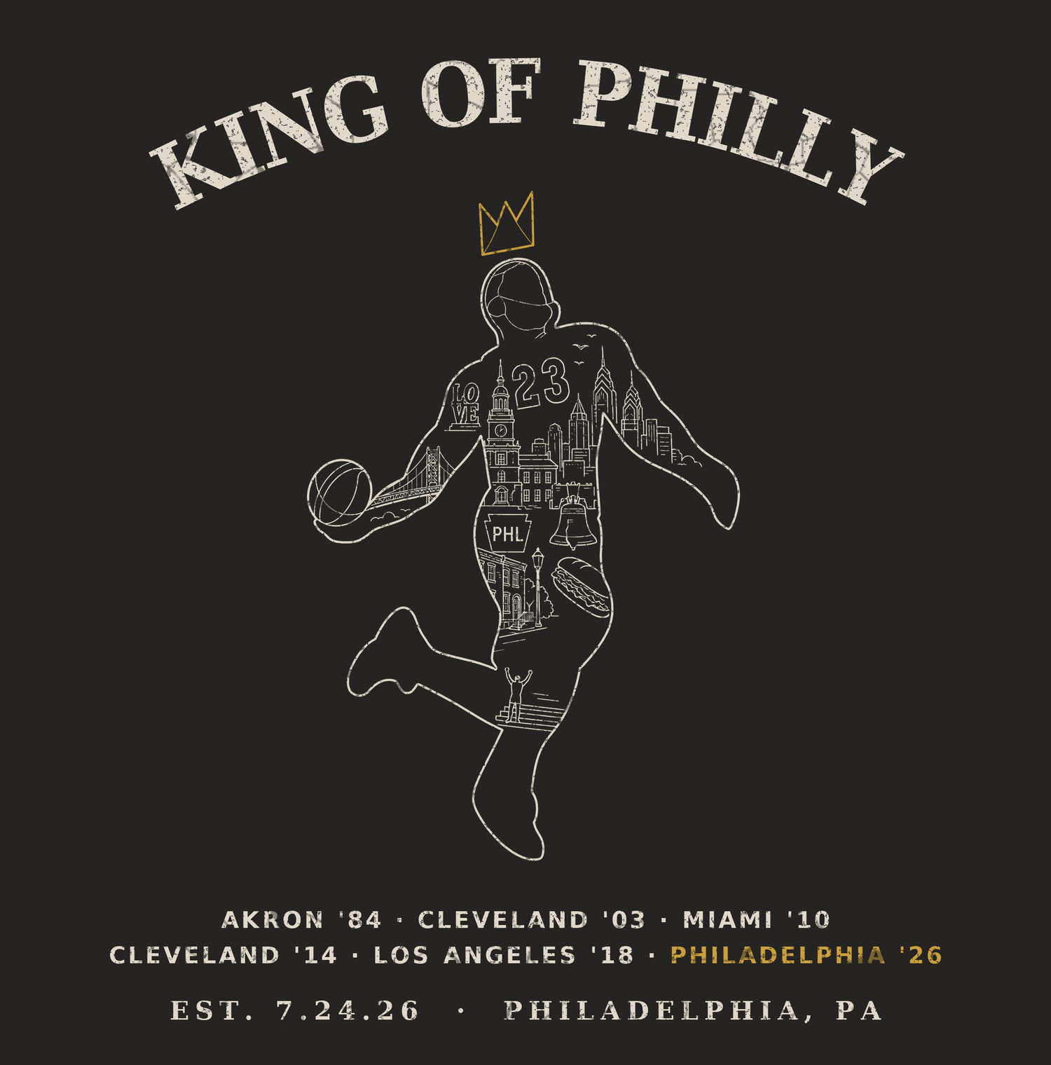 A black graphic print featuring a white line art illustration of a basketball player with the Philadelphia skyline filled into the uniform, under the text &