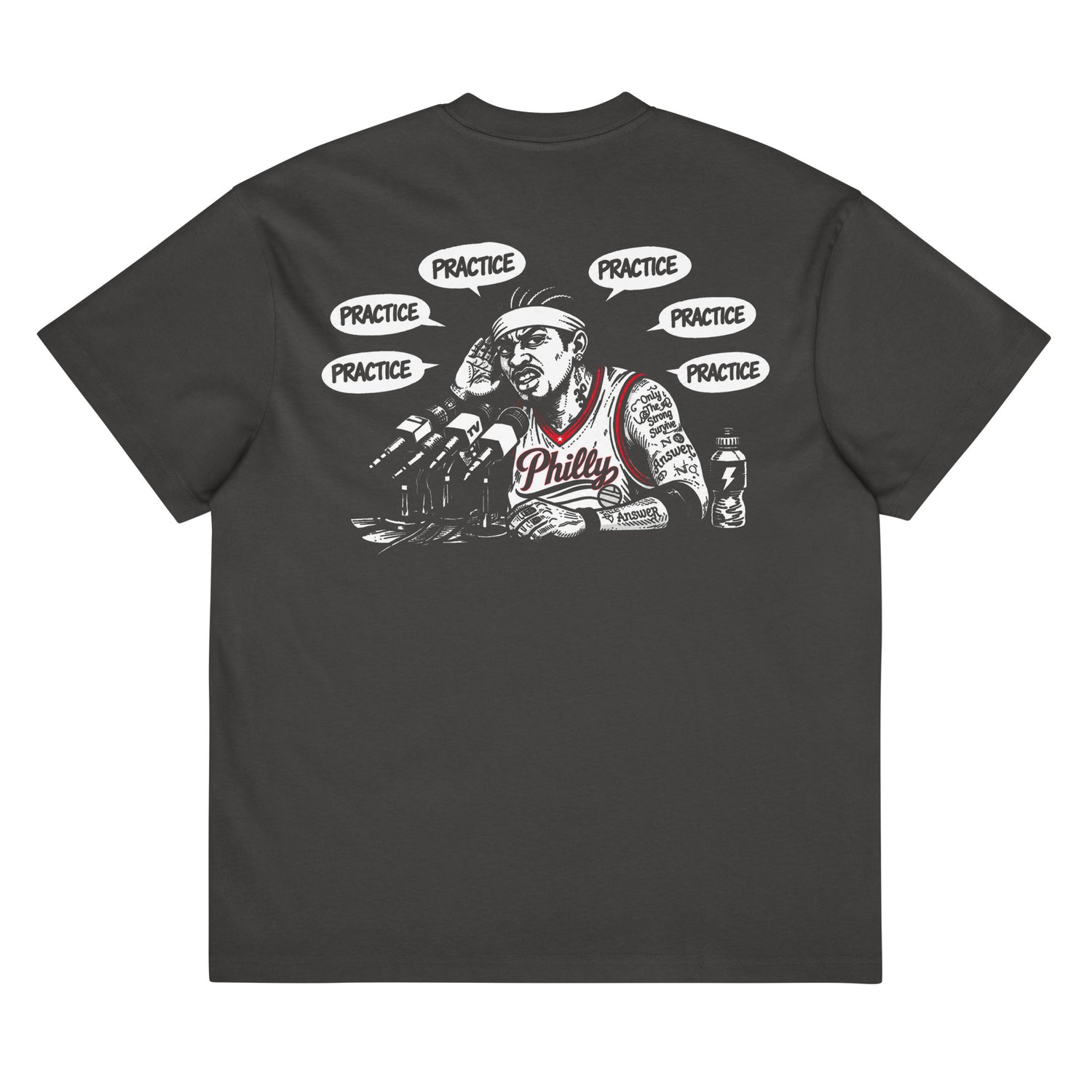 We Talking About Practice tee back print — Philly basketball podium press conference design, black
